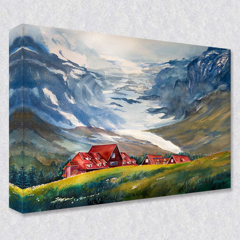 "Red Chalets Amidst Glaciers" comes as a gallery wrapped canvas print with a rich 1.5 inch thick wood frame. We use a moisture resistant poly-cotton canvas that will not sag and high quality inks that will last over 100 years.