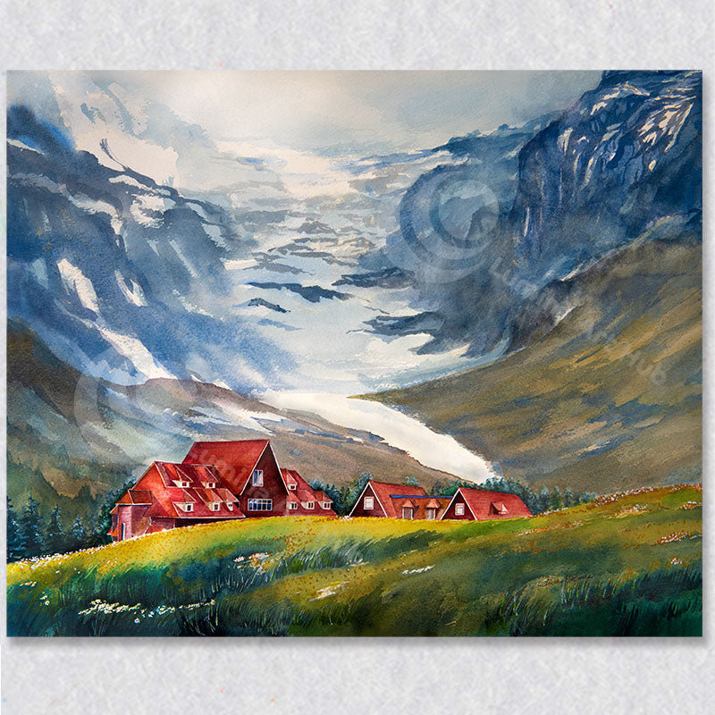 "Red Chalets Amidst Glaciers" is colorful artwork by Susan Holmes.