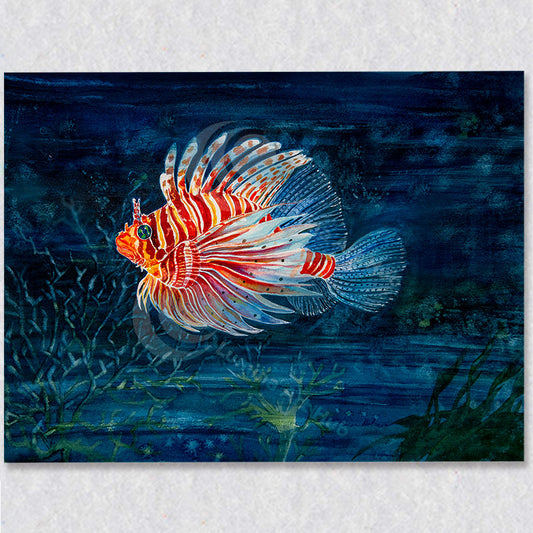 This artwork watercolour captures the colourful lionfish.