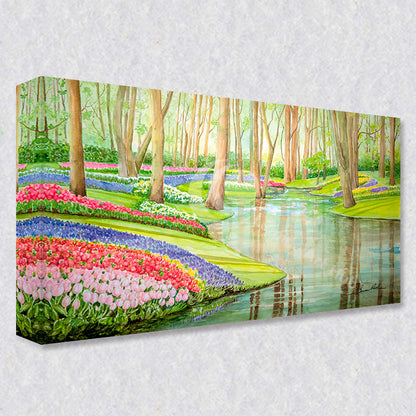 "Spring in Keukenkof" comes as a gallery wrapped canvas print with a rich 1.5 inch thick wood frame. We use a moisture resistant poly-cotton canvas that will not sag and high quality inks that will last over 100 years.