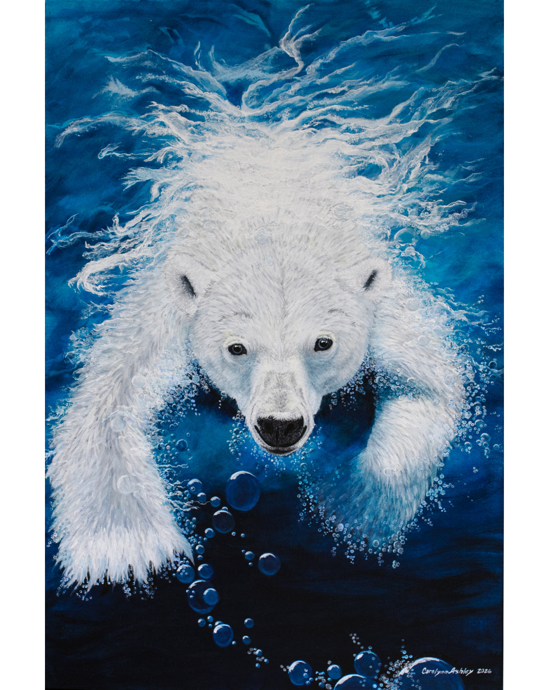 Sovereign original polar bear acrylic painting by Canadian artist Carolynn Ashley, showing a swimming Arctic polar bear hunting a seal reflected in its eye.