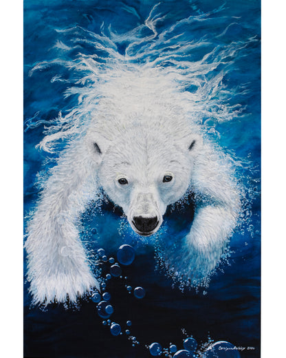Sovereign original polar bear acrylic painting by Canadian artist Carolynn Ashley, showing a swimming Arctic polar bear hunting a seal reflected in its eye.