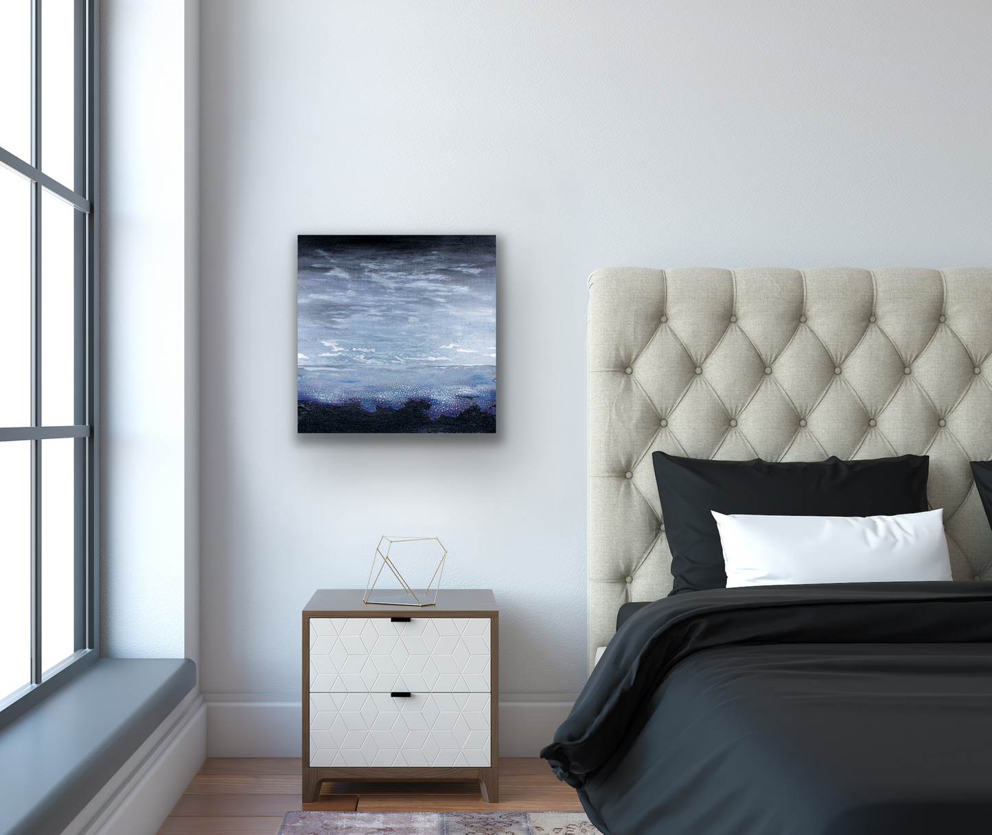 Silver lining abstract work of art has calm soothing colours that are perfect for a bedroom or nursery.