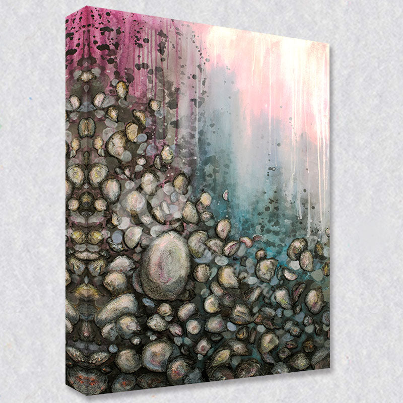 "Skipping Stones" comes as a gallery wrapped canvas print with a rich 1.5 inch thick wood frame. We use a moisture resistant poly-cotton canvas that will not sag and high quality inks that will last over 100 years.