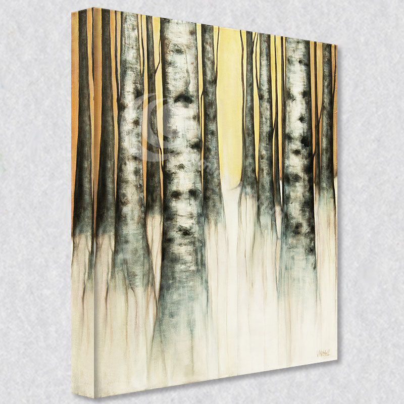 "Birch" comes as a gallery wrapped canvas print with a rich 1.5 inch thick wood frame. We use a moisture resistant poly-cotton canvas that will not sag and high quality inks that will last over 100 years.